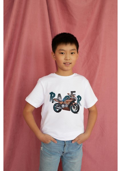 Erkek Çocuk Pamuk Racer Motorsiklet Baskılı Kısa Kol Tshirt modelleri