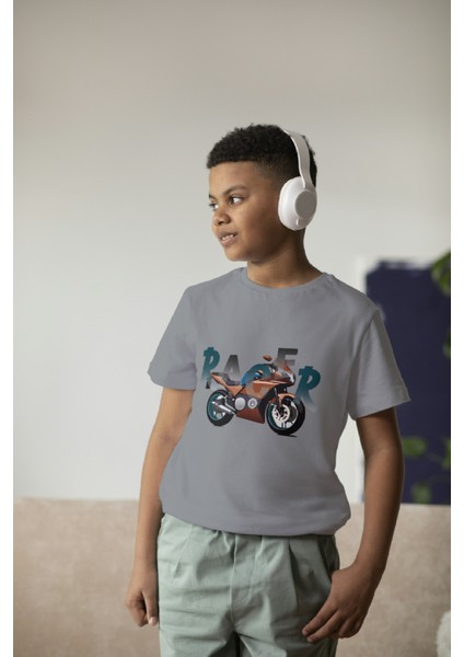 Erkek Çocuk Pamuk Racer Motorsiklet Baskılı Kısa Kol Tshirt