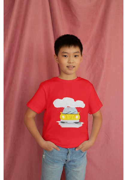 Erkek Çocuk Pamuk Sarı Araba Baskılı Kısa Kol Tshirt