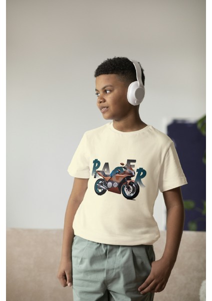 Erkek Çocuk Pamuk Racer Motorsiklet Baskılı Kısa Kol Tshirt