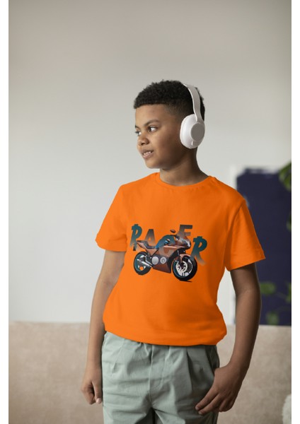 Erkek Çocuk Pamuk Racer Motorsiklet Baskılı Kısa Kol Tshirt