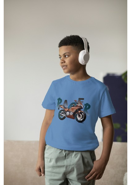 Erkek Çocuk Pamuk Racer Motorsiklet Baskılı Kısa Kol Tshirt