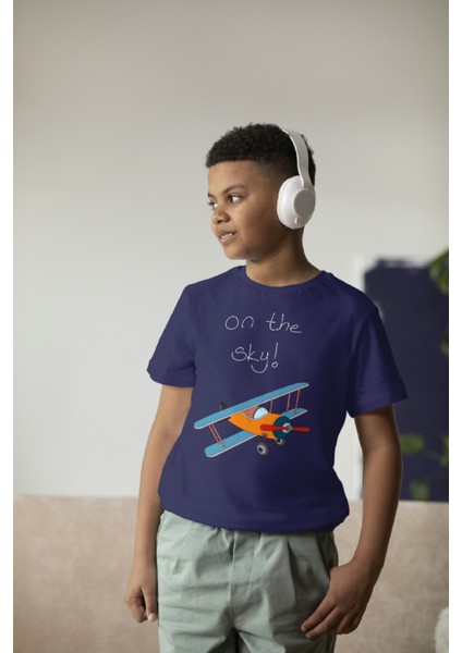 Erkek Çocuk Pamuk On The Sky Uçak Baskılı Kısa Kol Tshirt