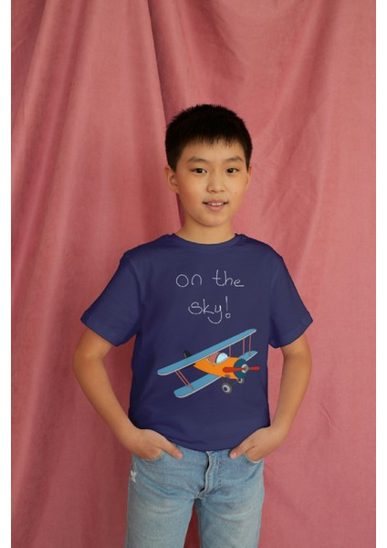 Erkek Çocuk Pamuk On The Sky Uçak Baskılı Kısa Kol Tshirt modelleri