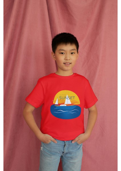 Erkek Çocuk Pamuk Sunset Baskılı Kısa Kol Tshirt modelleri