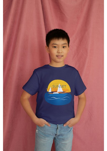Erkek Çocuk Pamuk Sunset Baskılı Kısa Kol Tshirt modelleri