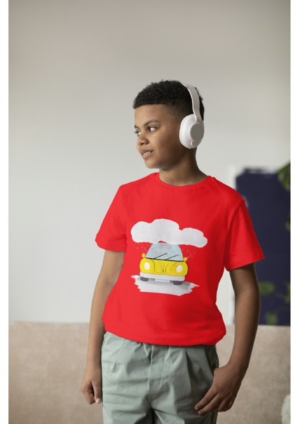 Erkek Çocuk Pamuk Sarı Araba Baskılı Kısa Kol Tshirt