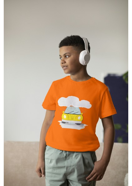 Erkek Çocuk Pamuk Sarı Araba Baskılı Kısa Kol Tshirt