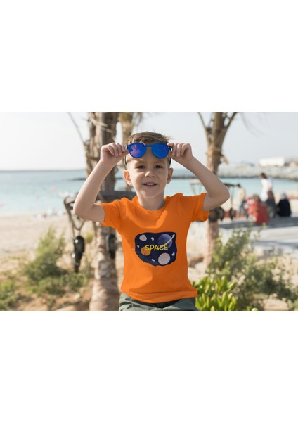 Erkek Çocuk Pamuk Space Baskılı Kısa Kol Tshirt