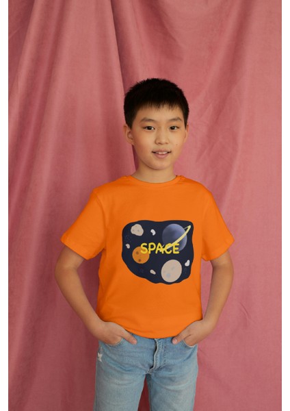 Erkek Çocuk Pamuk Space Baskılı Kısa Kol Tshirt