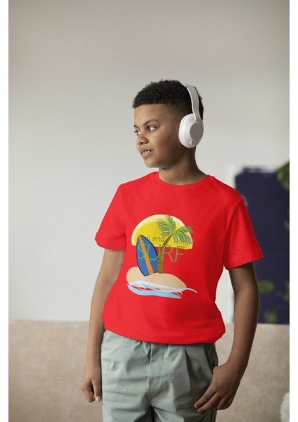 Erkek Çocuk Pamuk Surf Baskılı Kısa Kol Tshirt