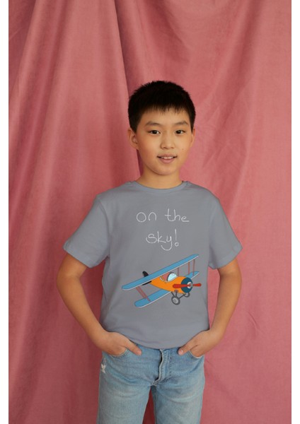 Erkek Çocuk Pamuk On The Sky Uçak Baskılı Kısa Kol Tshirt modelleri