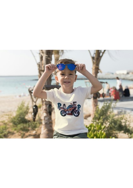Erkek Çocuk Pamuk Racer Motorsiklet Baskılı Kısa Kol Tshirt