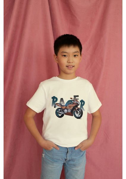 Erkek Çocuk Pamuk Racer Motorsiklet Baskılı Kısa Kol Tshirt