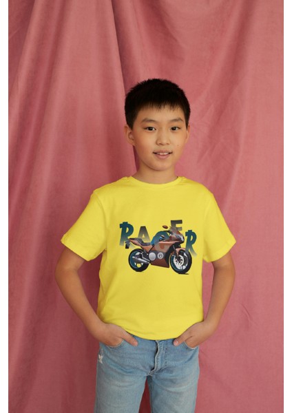Erkek Çocuk Pamuk Racer Motorsiklet Baskılı Kısa Kol Tshirt