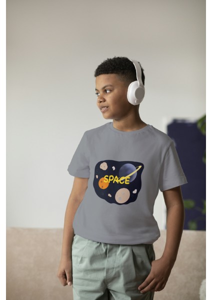Erkek Çocuk Pamuk Space Baskılı Kısa Kol Tshirt