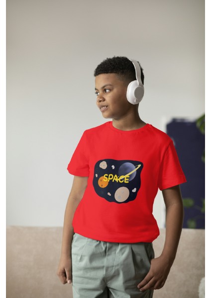 Erkek Çocuk Pamuk Space Baskılı Kısa Kol Tshirt