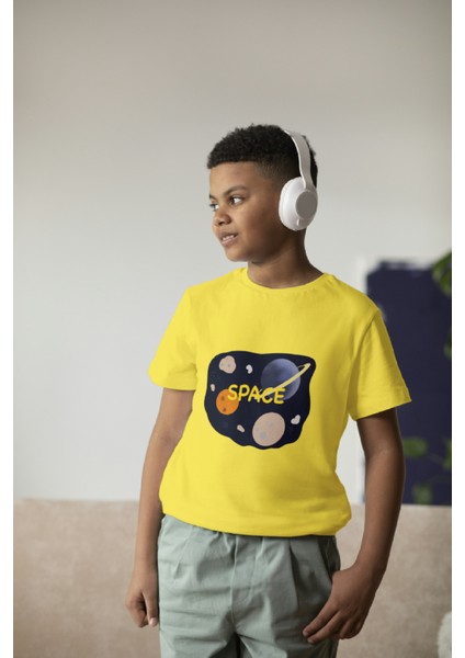 Erkek Çocuk Pamuk Space Baskılı Kısa Kol Tshirt