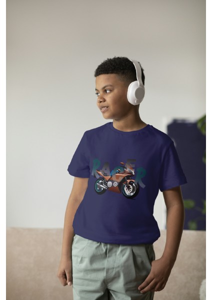 Erkek Çocuk Pamuk Racer Motorsiklet Baskılı Kısa Kol Tshirt