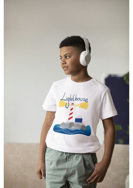 Erkek Çocuk Pamuk Lighthouse Baskılı Kısa Kol Tshirt