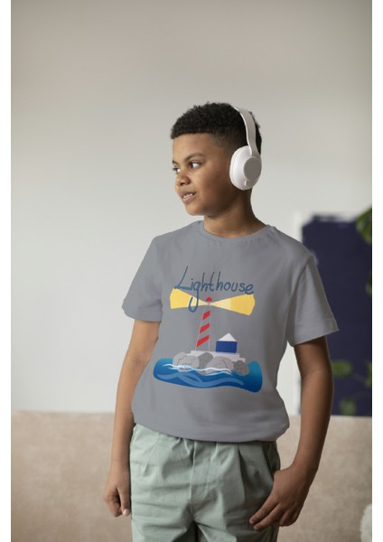 Erkek Çocuk Pamuk Lighthouse Baskılı Kısa Kol Tshirt