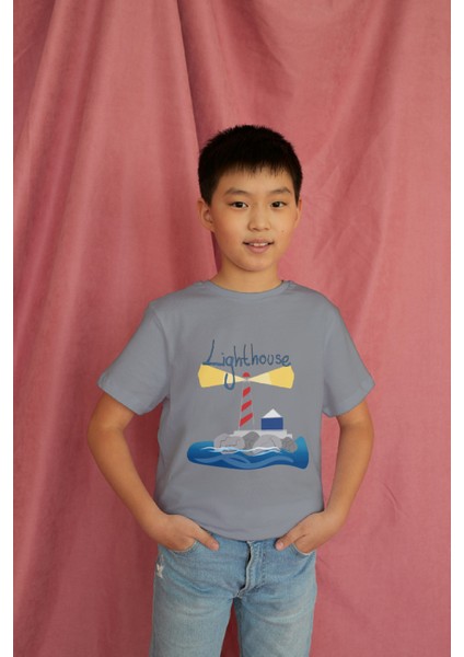 Erkek Çocuk Pamuk Lighthouse Baskılı Kısa Kol Tshirt modelleri