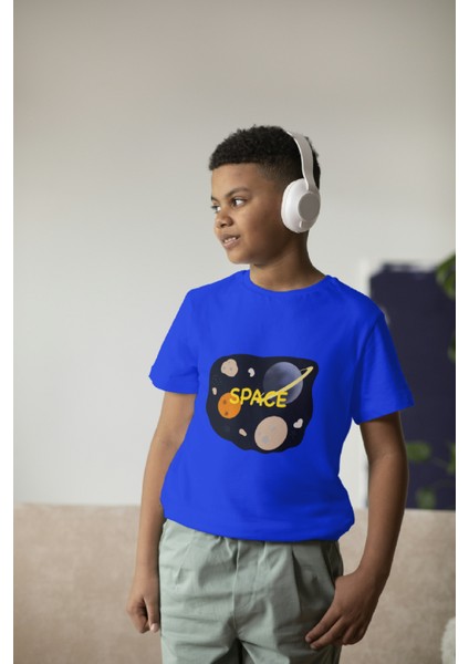 Erkek Çocuk Pamuk Space Baskılı Kısa Kol Tshirt