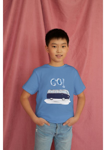 Erkek Çocuk Pamuk Lacivert Karavan Baskılı Kısa Kol Tshirt