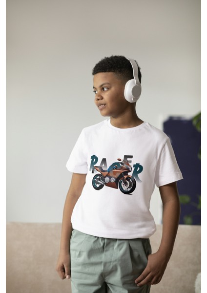 Erkek Çocuk Pamuk Racer Motorsiklet Baskılı Kısa Kol Tshirt