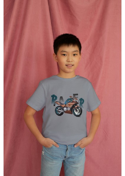 Erkek Çocuk Pamuk Racer Motorsiklet Baskılı Kısa Kol Tshirt