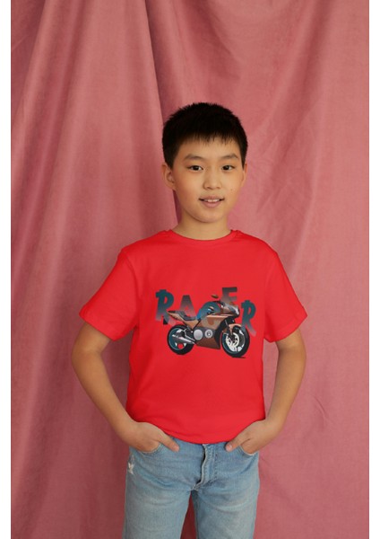 Erkek Çocuk Pamuk Racer Motorsiklet Baskılı Kısa Kol Tshirt