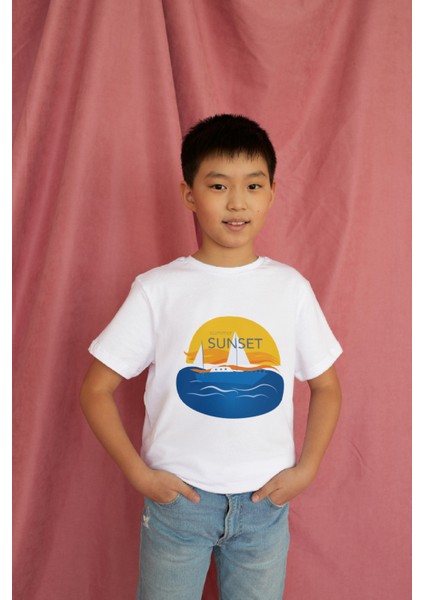 Erkek Çocuk Pamuk Sunset Baskılı Kısa Kol Tshirt modelleri