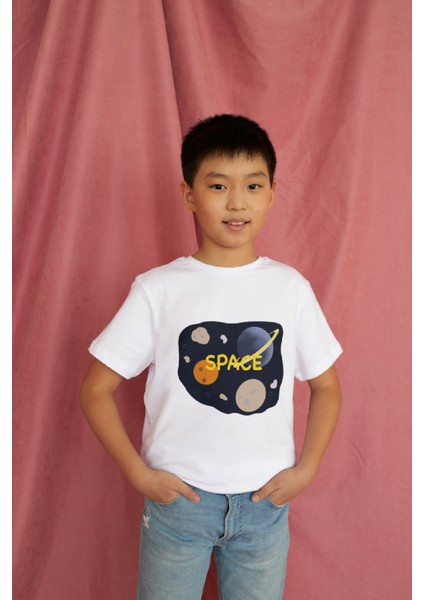 Erkek Çocuk Pamuk Space Baskılı Kısa Kol Tshirt