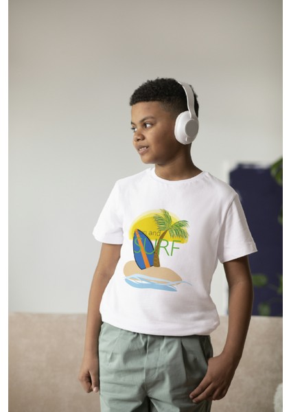 Erkek Çocuk Pamuk Surf Baskılı Kısa Kol Tshirt