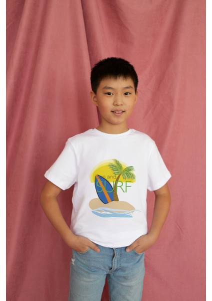 Erkek Çocuk Pamuk Surf Baskılı Kısa Kol Tshirt modelleri