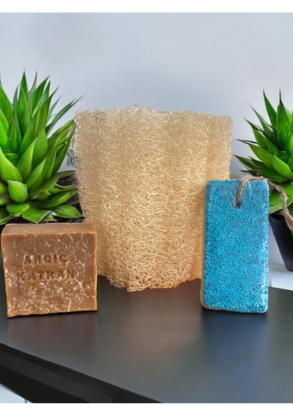 3 Lü Set Doğal Kabak Lifi,doğal Ardıç Katran Sabun, Ponza Topuk Taşı,peeling