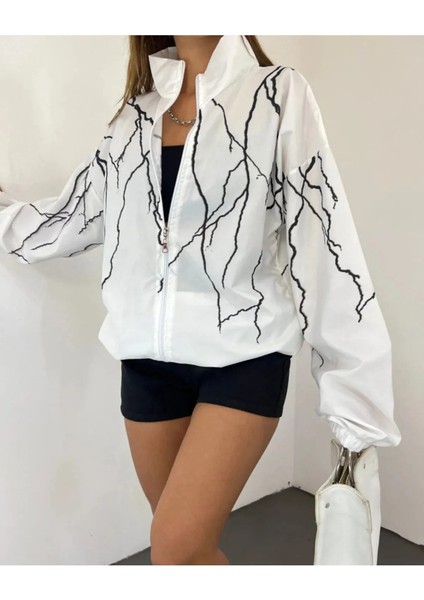 Unisex Paraşüt Kumaş Yıldırım Baskılı Oversize Beyaz Rüzgarlık Yağmurluk