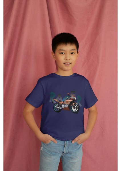 Erkek Çocuk Pamuk Racer Motorsiklet Baskılı Kısa Kol Tshirt