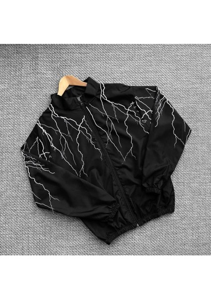 Unisex Paraşüt Kumaş Yıldırım Baskılı Oversize Beyaz Rüzgarlık Yağmurluk