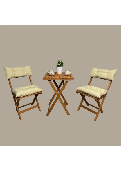 Ahşap Balkon Bahçe Mutfak Minderli 3'Lü Bistro Set 2 Sandalye 1 Masa Takım