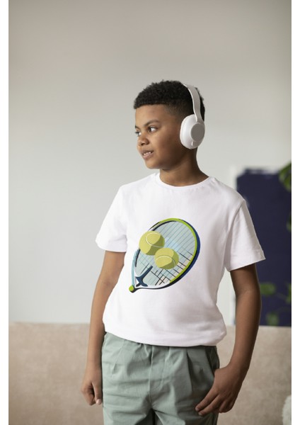 Erkek Çocuk Pamuk Tenis Raket Baskılı Kısa Kol Tshirt