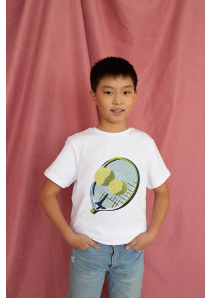 Erkek Çocuk Pamuk Tenis Raket Baskılı Kısa Kol Tshirt modelleri