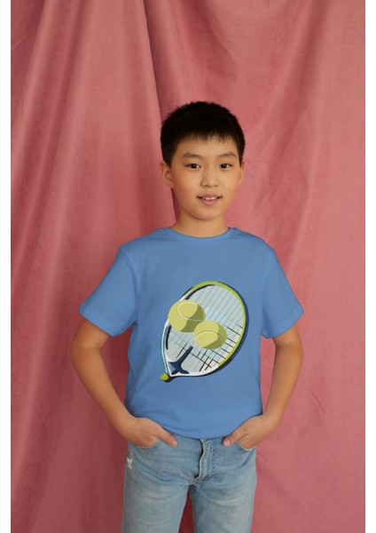 Erkek Çocuk Pamuk Tenis Raket Baskılı Kısa Kol Tshirt modelleri