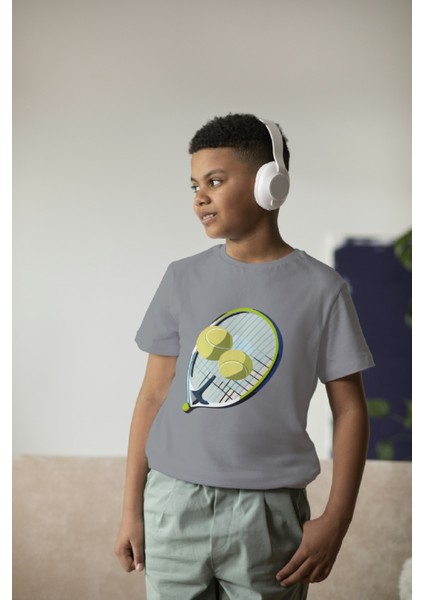 Erkek Çocuk Pamuk Tenis Raket Baskılı Kısa Kol Tshirt