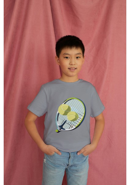 Erkek Çocuk Pamuk Tenis Raket Baskılı Kısa Kol Tshirt modelleri
