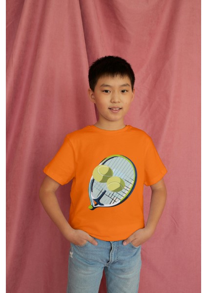 Erkek Çocuk Pamuk Tenis Raket Baskılı Kısa Kol Tshirt modelleri