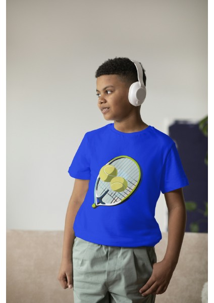 Erkek Çocuk Pamuk Tenis Raket Baskılı Kısa Kol Tshirt