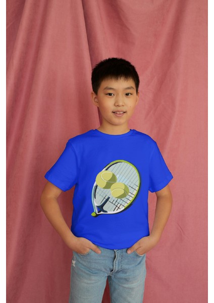 Erkek Çocuk Pamuk Tenis Raket Baskılı Kısa Kol Tshirt modelleri