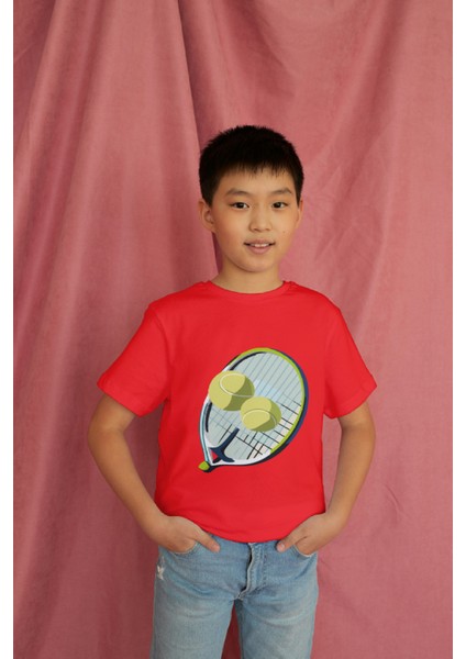 Erkek Çocuk Pamuk Tenis Raket Baskılı Kısa Kol Tshirt modelleri