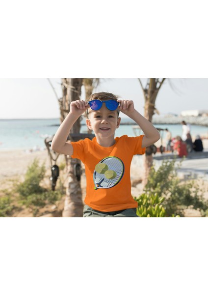 Erkek Çocuk Pamuk Tenis Raket Baskılı Kısa Kol Tshirt